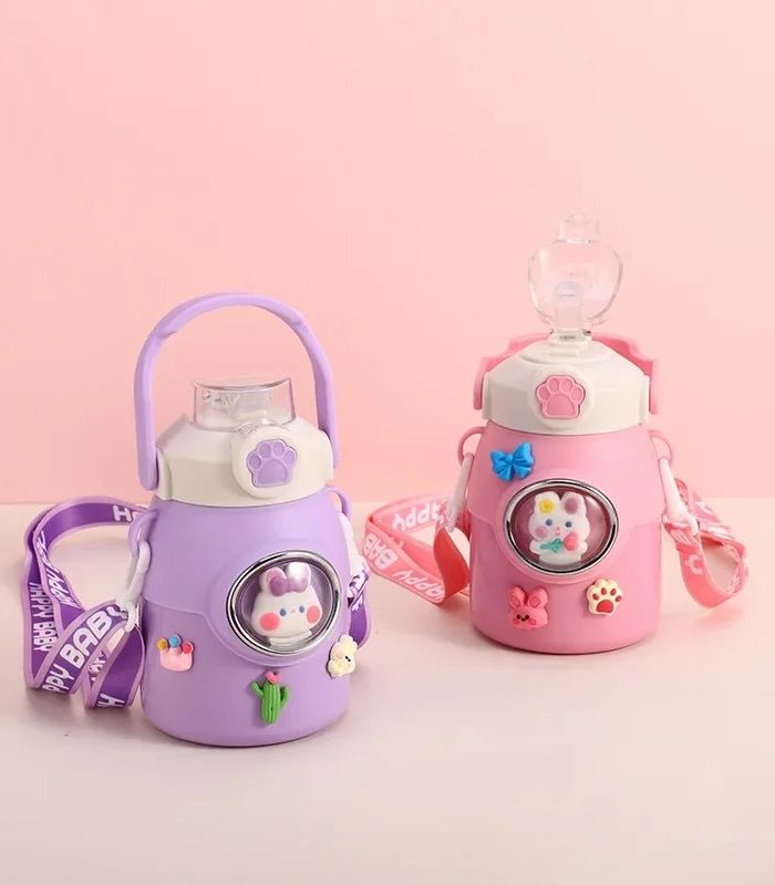 Creative Cartoon Stainless Steel Insulated Straw Bottle for Kids Cute Thermos Flask with Strap (1)