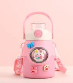 Creative Cartoon Stainless Steel Insulated Straw Bottle for Kids Cute Thermos Flask with Strap