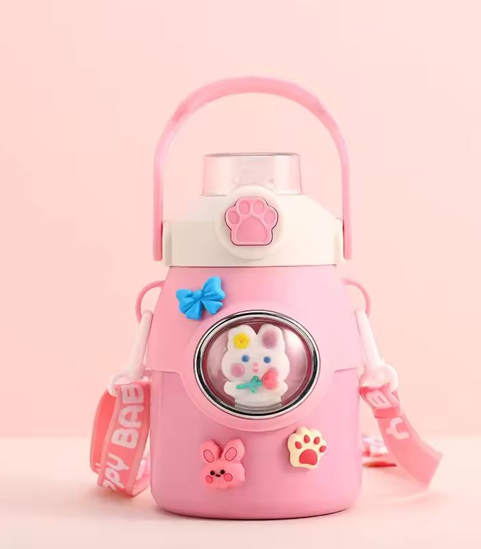 Creative Cartoon Stainless Steel Insulated Straw Bottle for Kids Cute Thermos Flask with Strap
