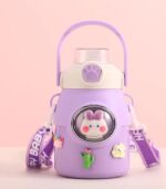 Creative Cartoon Stainless Steel Insulated Straw Bottle for Kids Cute Thermos Flask with Strap